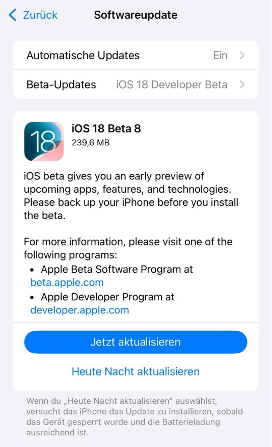 黄潭镇苹果手机维修分享苹果 iOS / iPadOS 18 开发者预览版 Beta 8 发布 